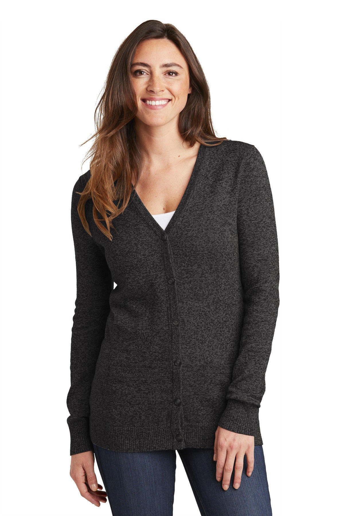 Made for layering this two-toned marled cardigan livens up a - Black Marl
