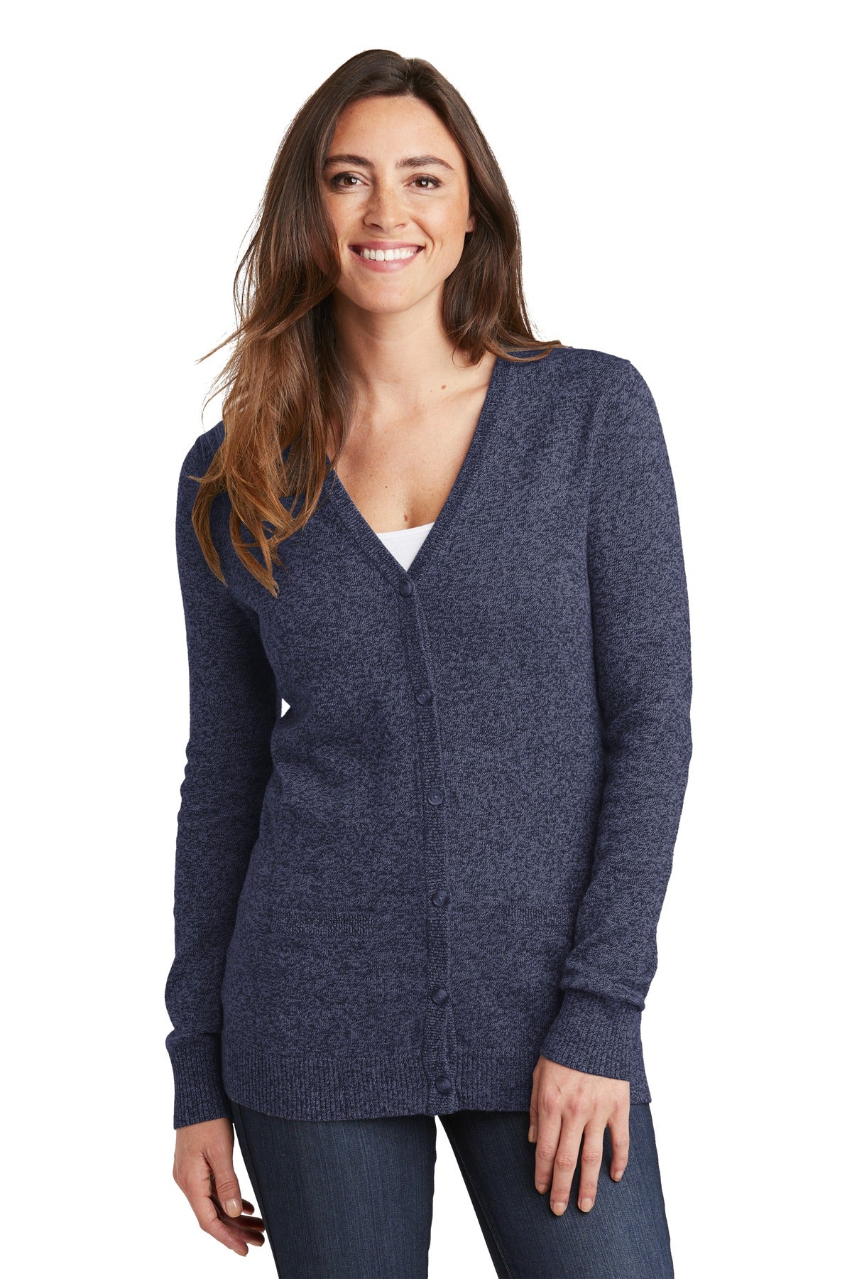 Made for layering this two-toned marled cardigan livens up a - Navy Marl
