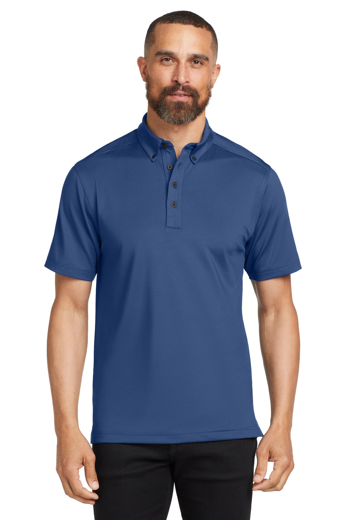 Buttoned-down doesn't mean boring in this stretch energized  - Blue Indigo