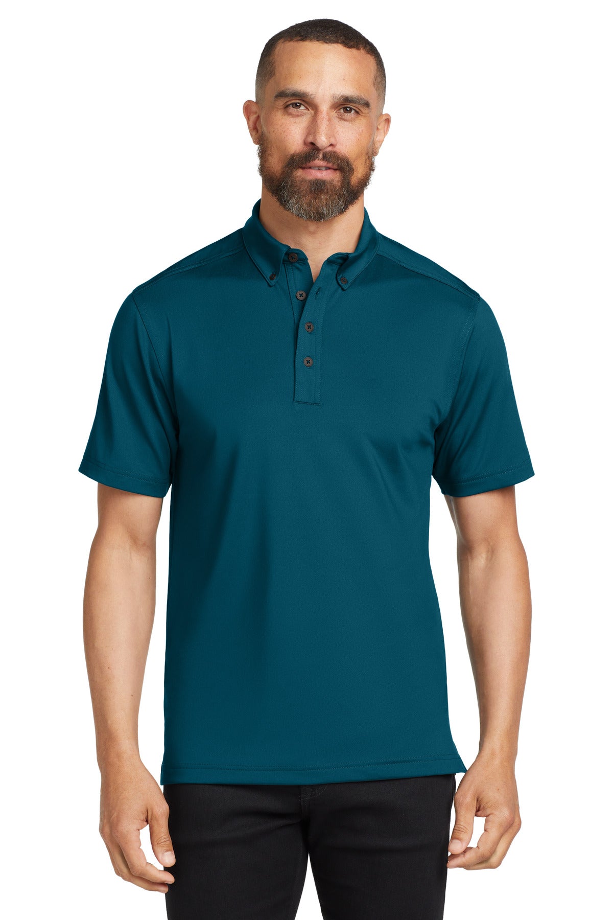 Buttoned-down doesn't mean boring in this stretch energized  - Teal Throttle