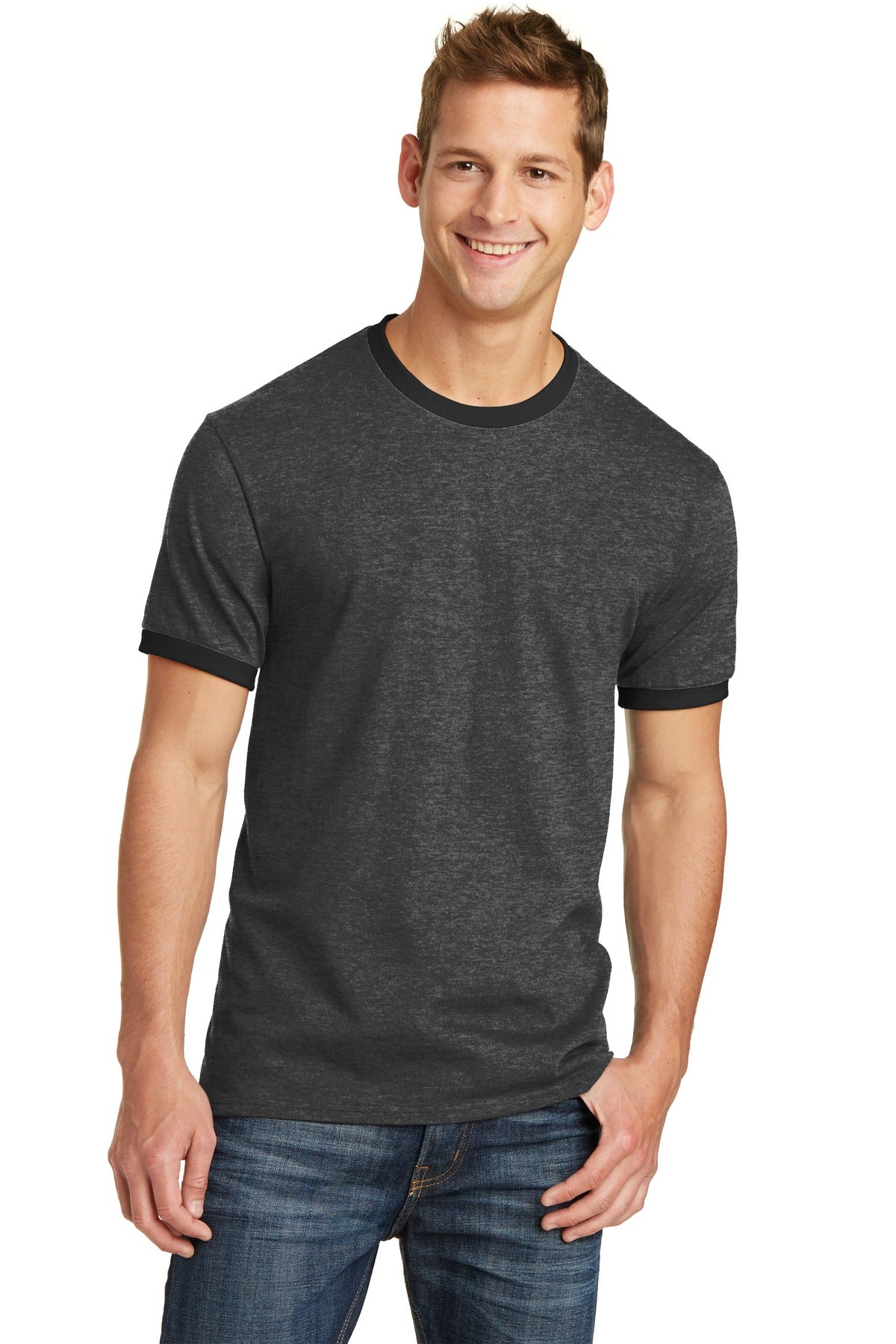 An extra soft classic ringer at a great value. 5.4-ounce 100 - Dark Heather Grey/ Jet Black