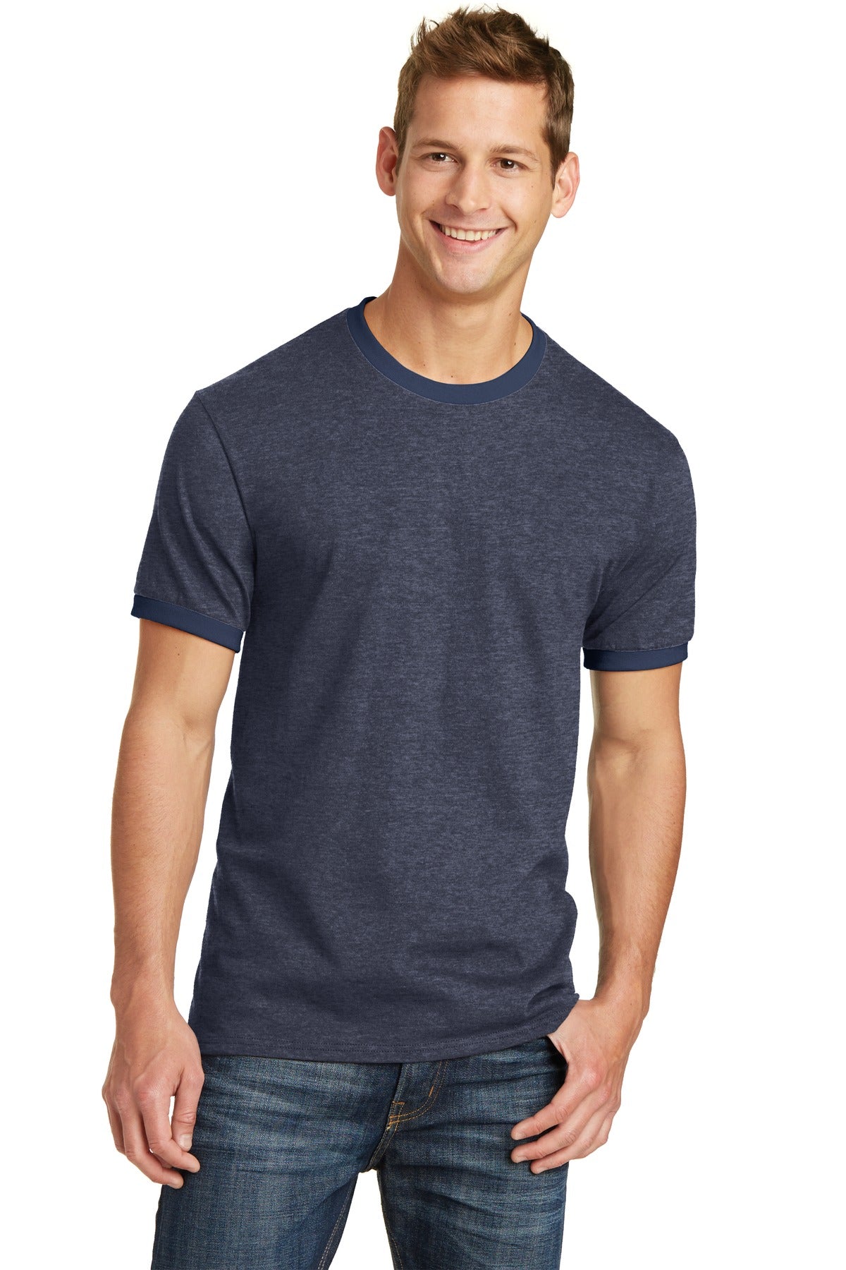 An extra soft classic ringer at a great value. 5.4-ounce 100 - Heather Navy/ Navy