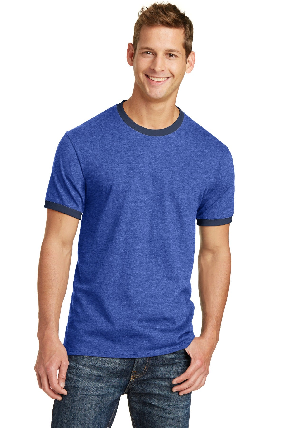 An extra soft classic ringer at a great value. 5.4-ounce 100 - Heather Royal/ Navy