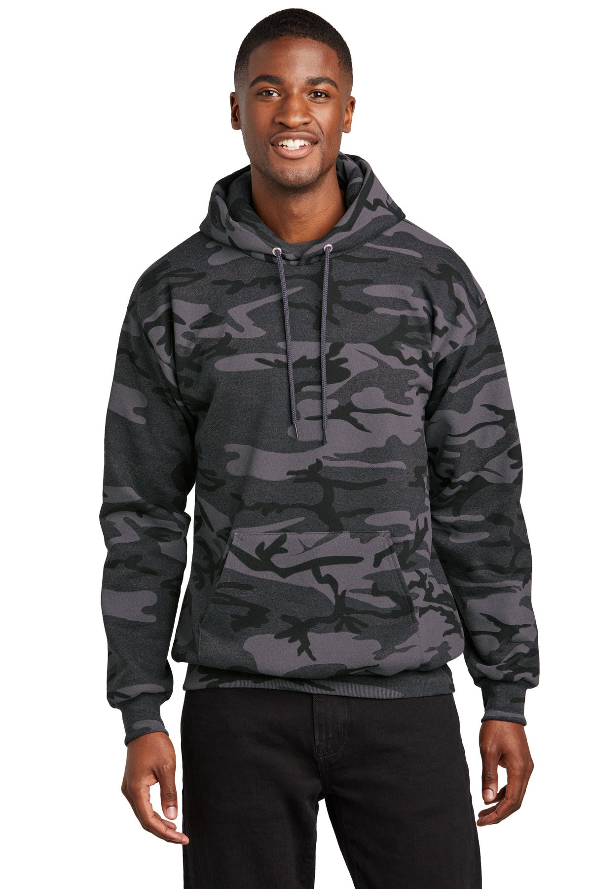 Our cozy pullover hooded sweatshirt in a classic camo print. - Black Heather Camo