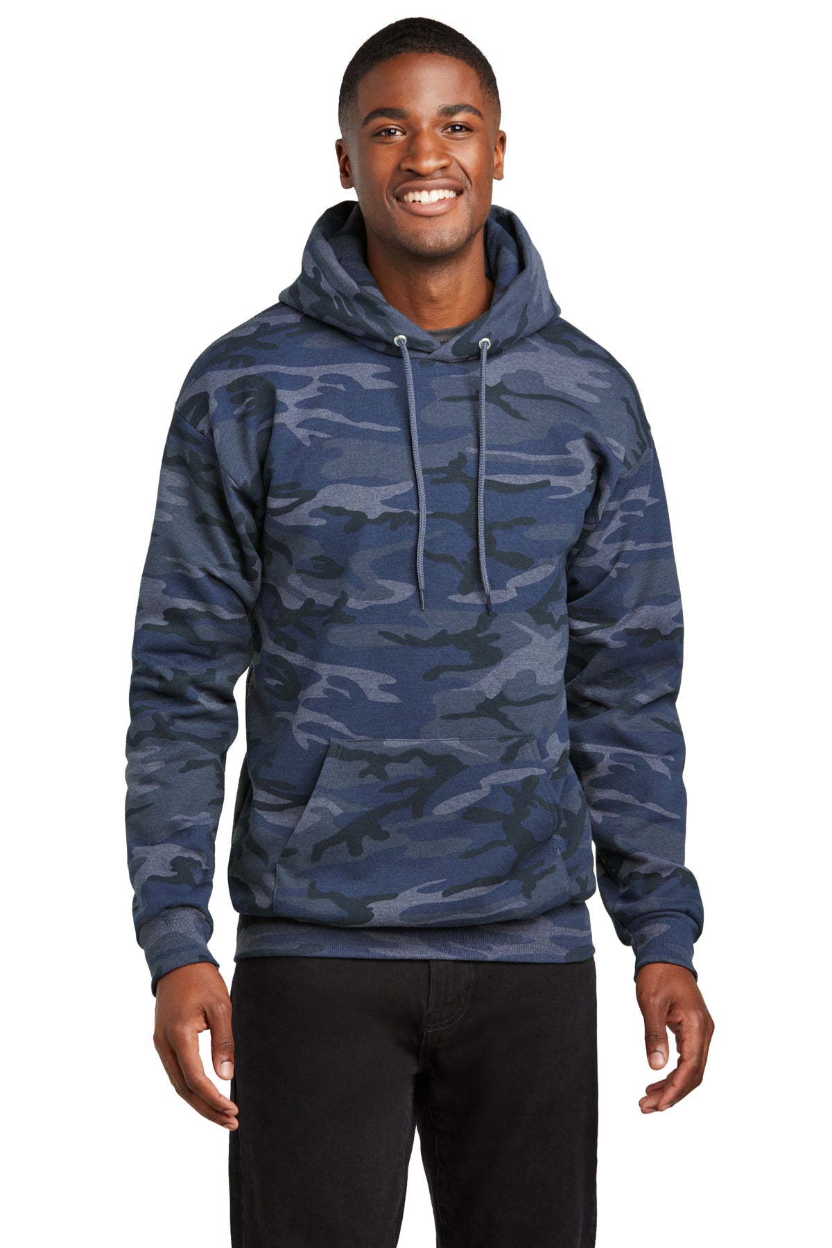 Our cozy pullover hooded sweatshirt in a classic camo print. - Heather Navy Camo