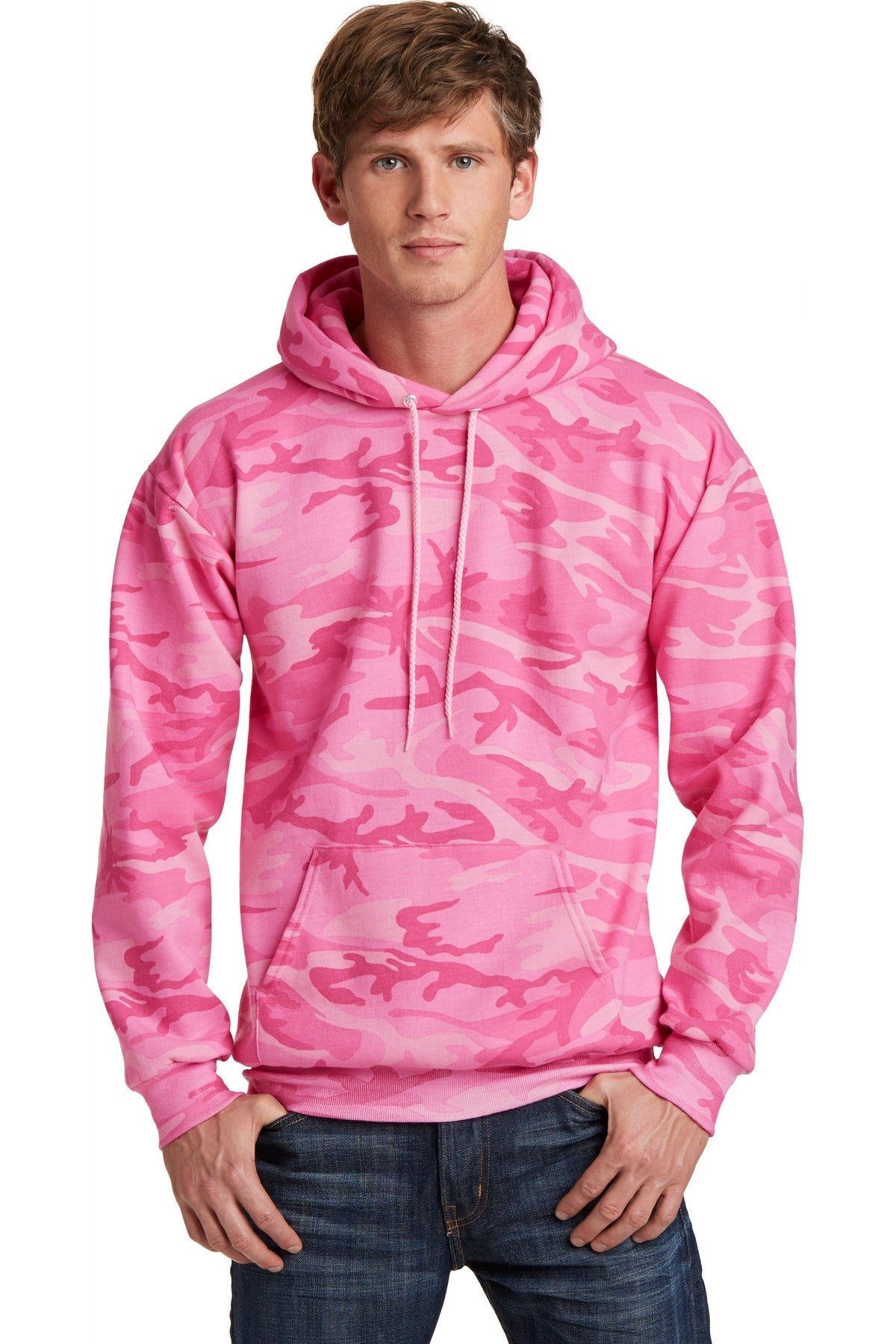 Our cozy pullover hooded sweatshirt in a classic camo print. - Pink Camo