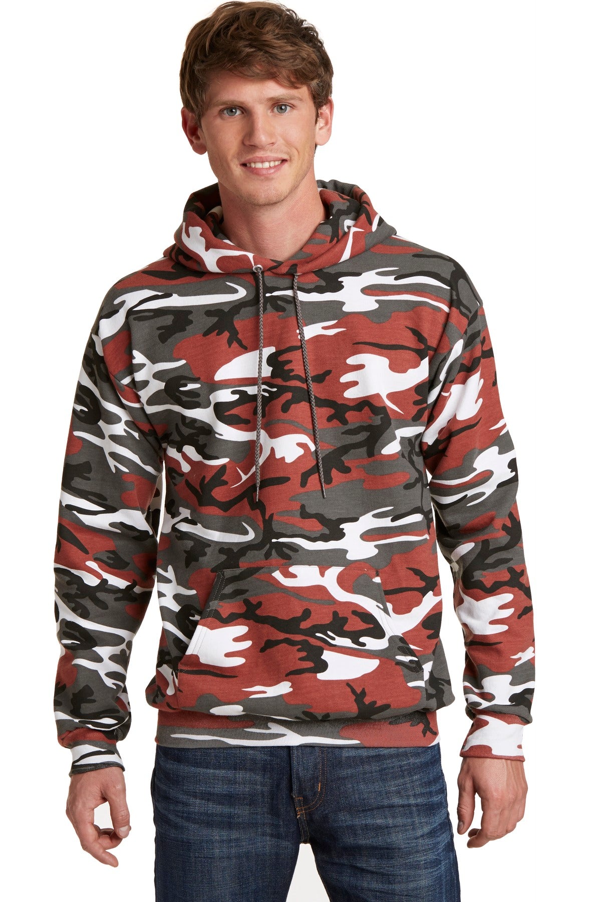 Our cozy pullover hooded sweatshirt in a classic camo print. - Red Camo