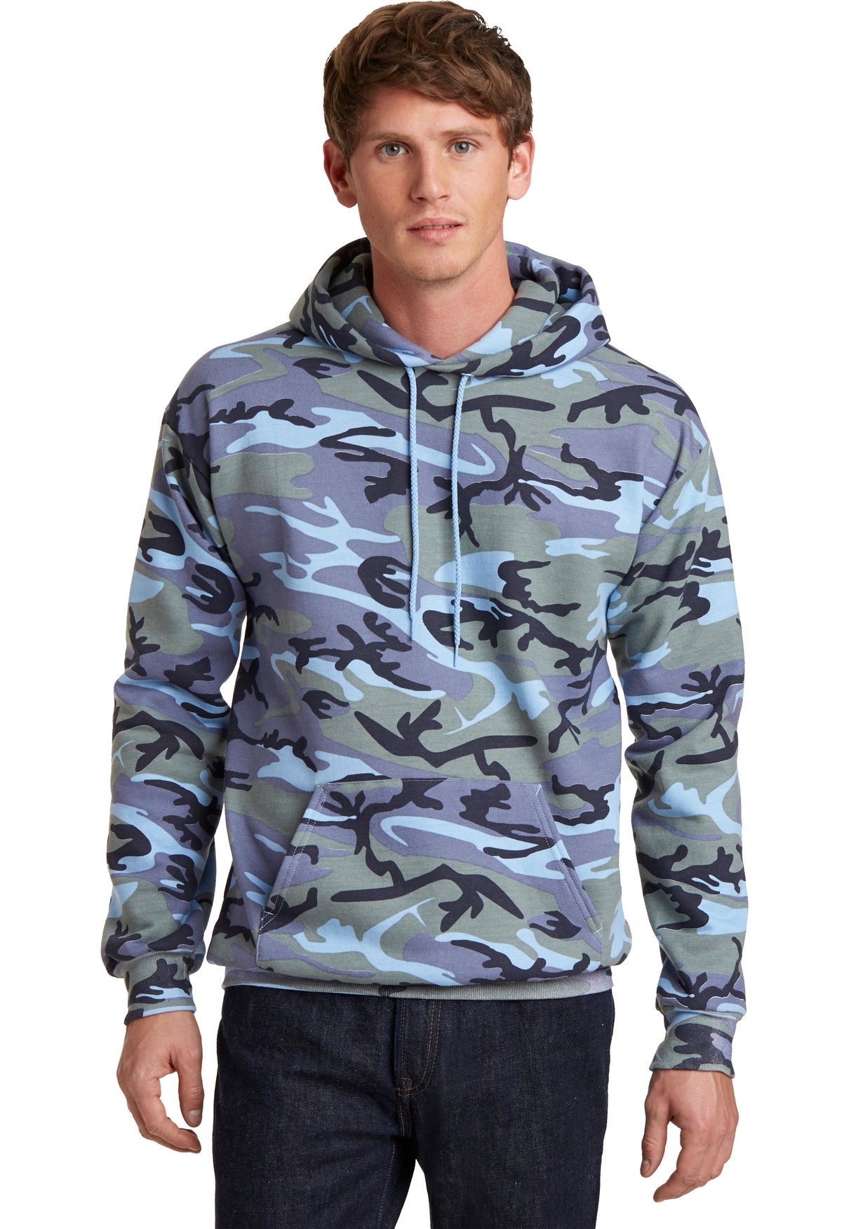 Our cozy pullover hooded sweatshirt in a classic camo print. - Woodland Blue Camo