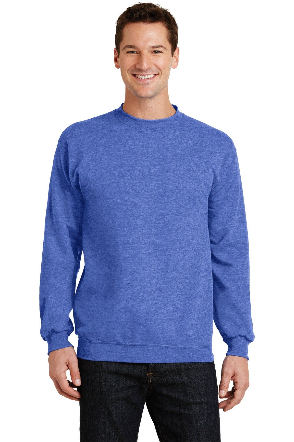 Cozy sweats in our core weight. 7.8-ounce 50/50 cotton/poly  - Heather Royal