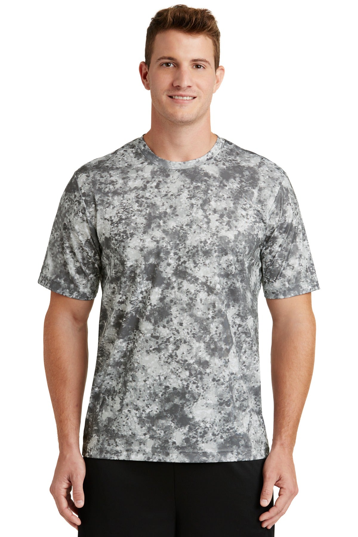 This moisture-wicking tee features an allover sublimated pri - Dark Smoke Grey
