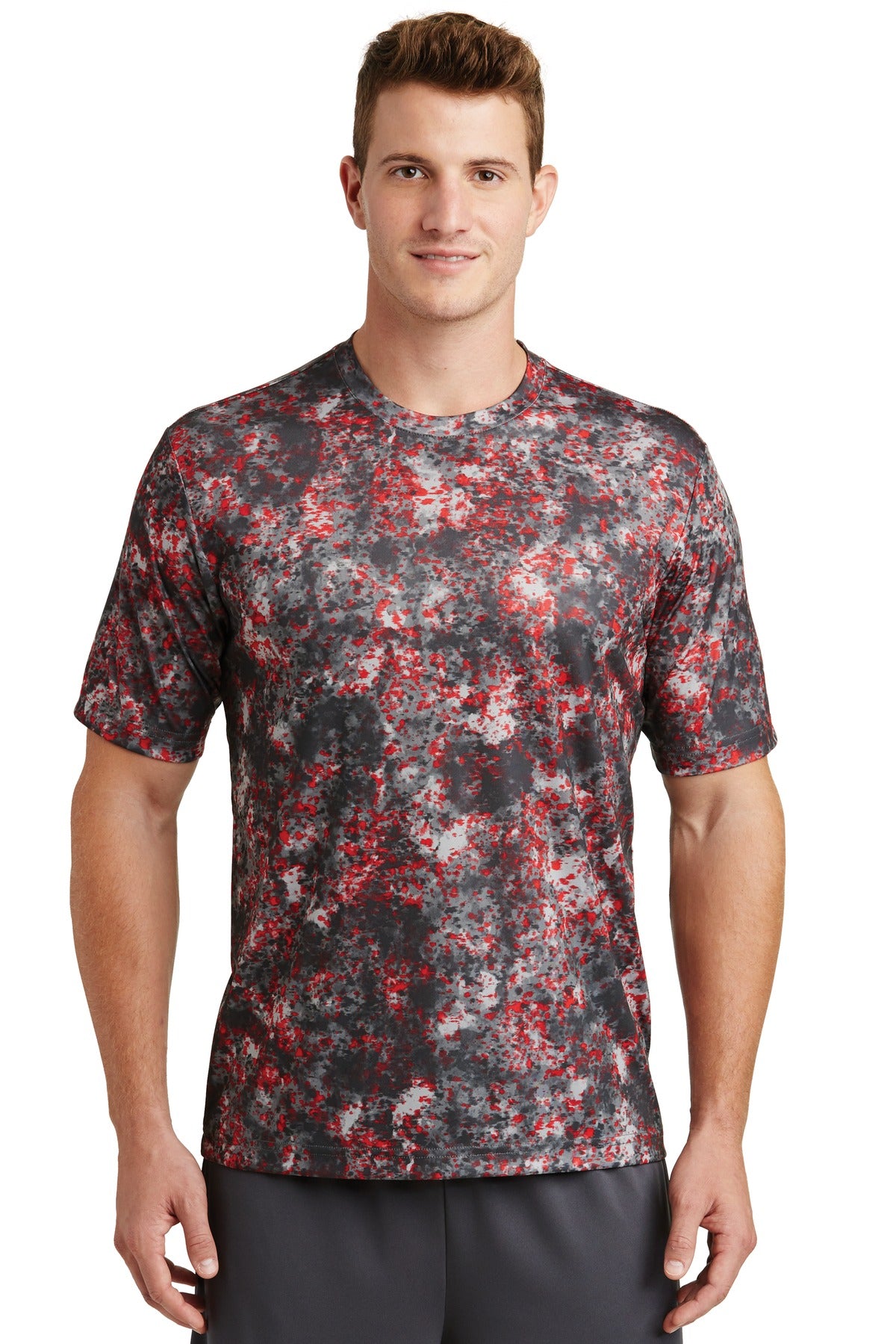 This moisture-wicking tee features an allover sublimated pri - Deep Red