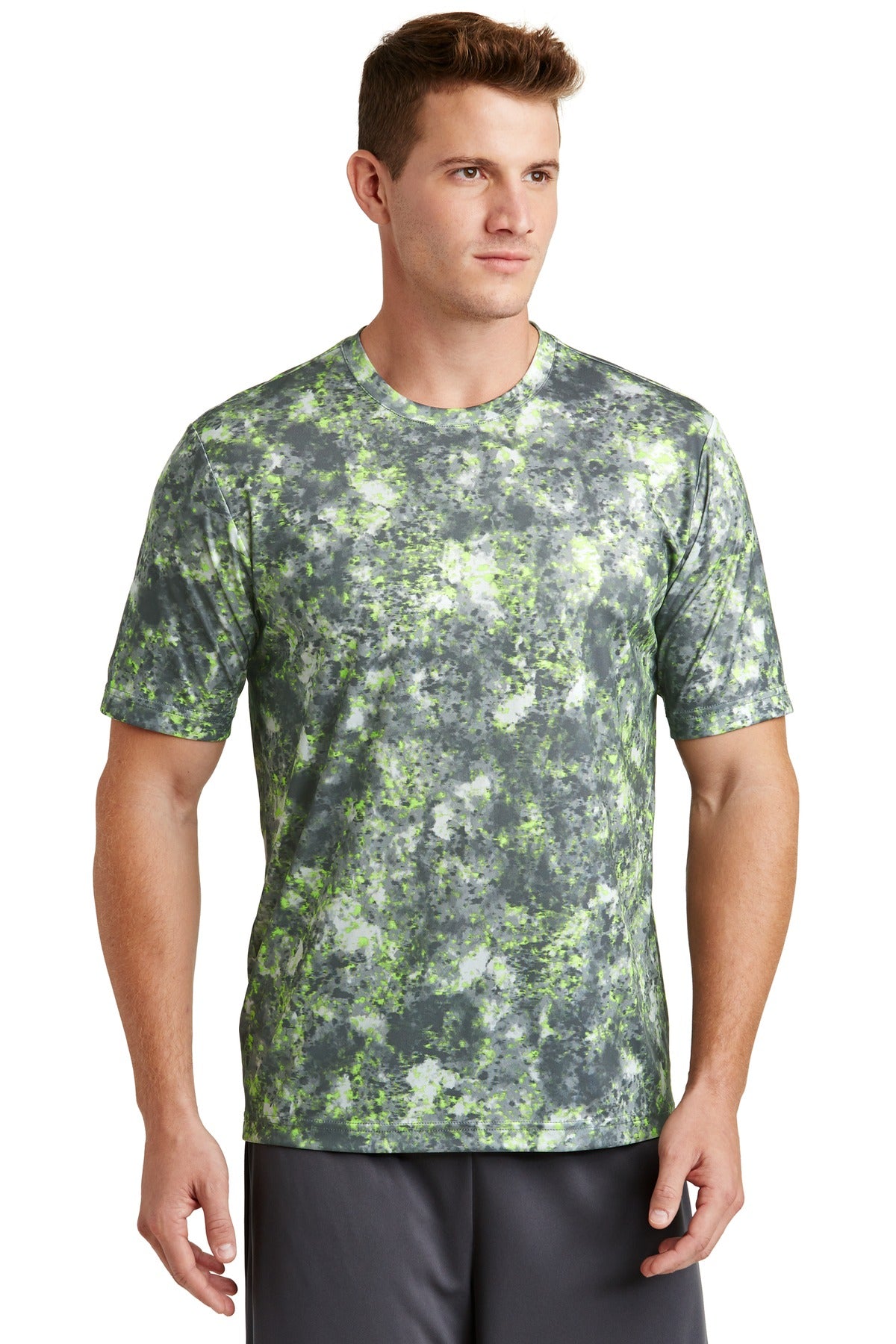 This moisture-wicking tee features an allover sublimated pri - Lime Shock