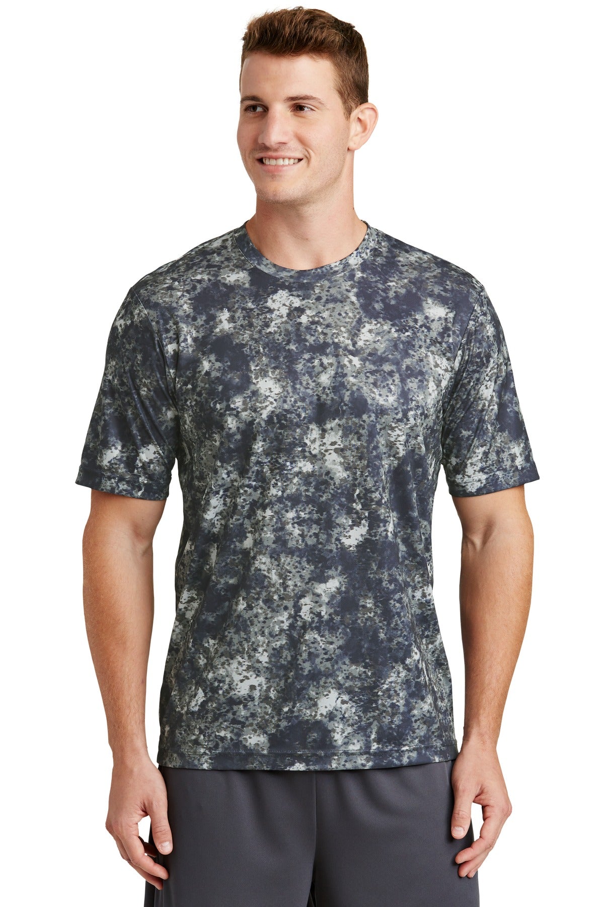 This moisture-wicking tee features an allover sublimated pri - True Navy