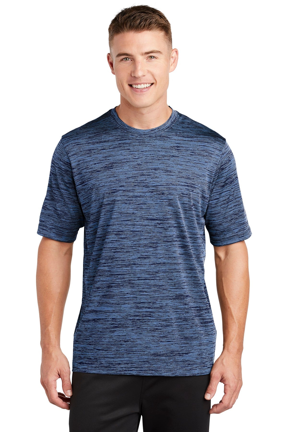 Our color-locking tee has a soft hand wicks moisture resists - Carolina Blue-True Navy Electric