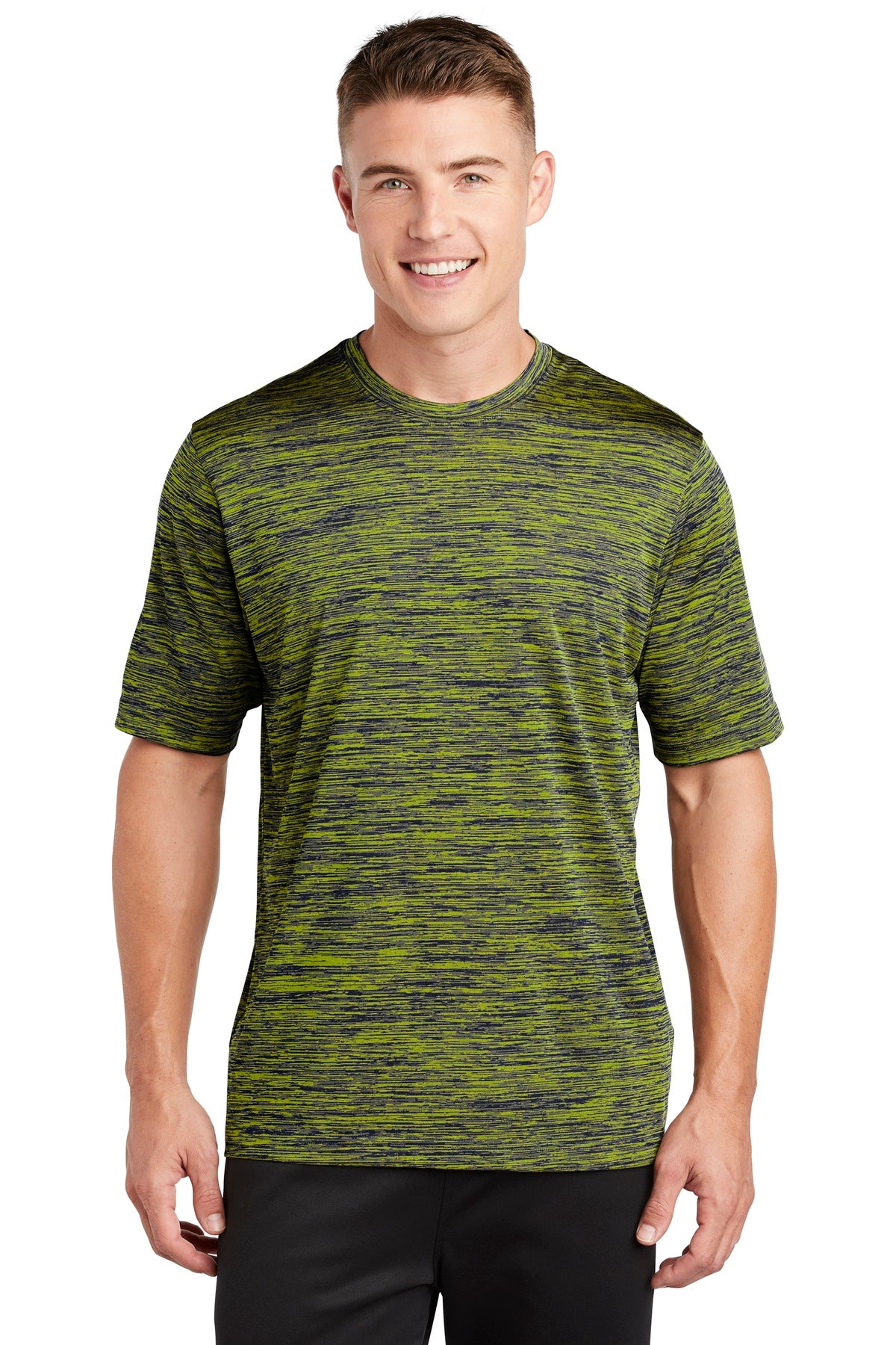 Our color-locking tee has a soft hand wicks moisture resists - Lime Shock-True Navy Electric