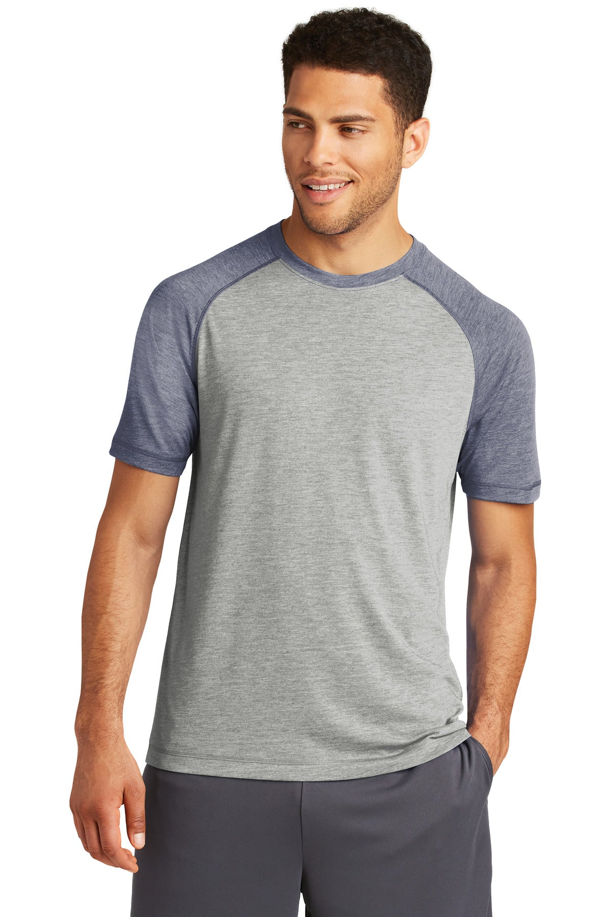 This ultracomfortable tee combines moisture-wicking performa - True Navy Heather/ Light Grey Heather