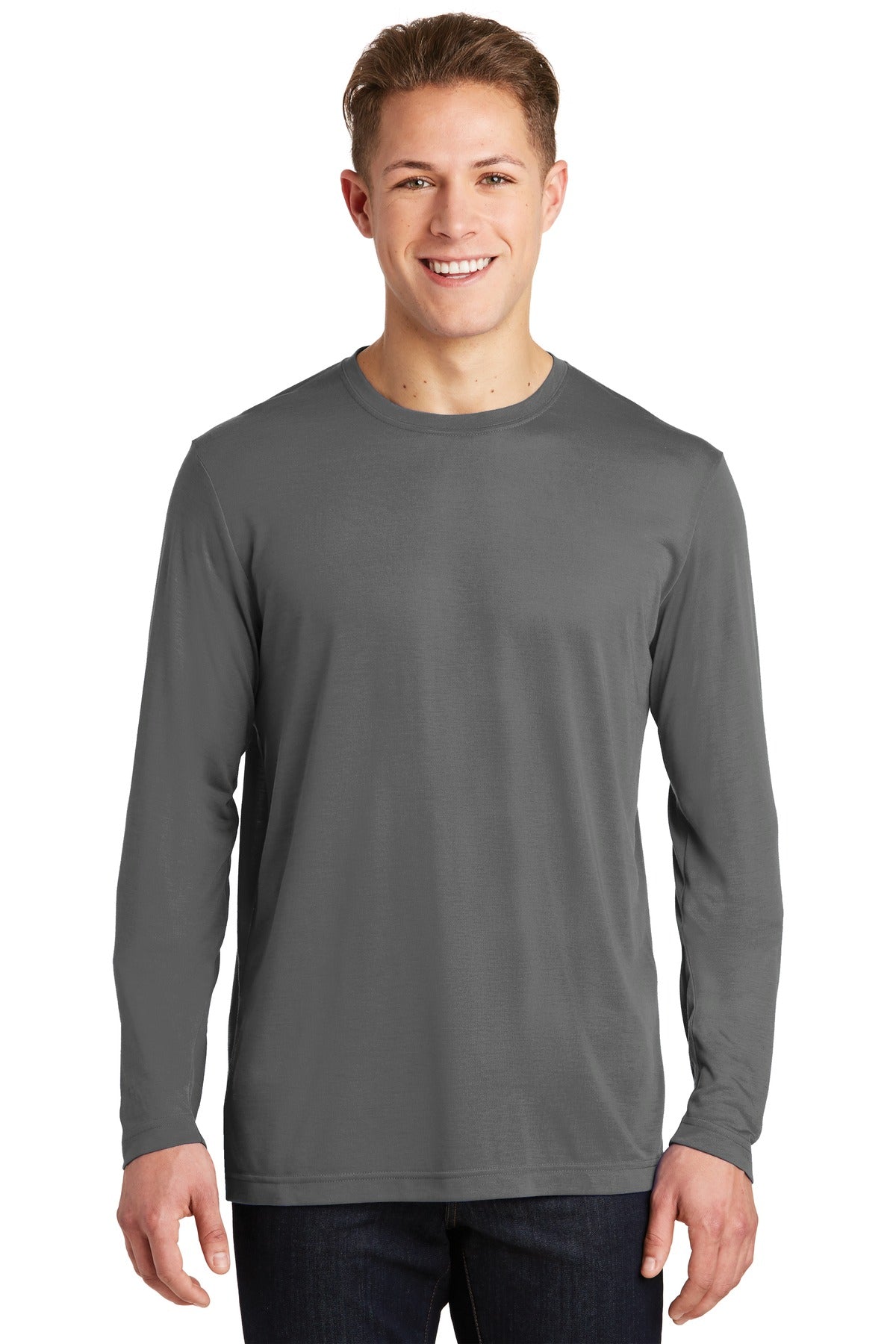 A soft cotton hand merges with color-locking moisture-wickin - Dark Smoke Grey