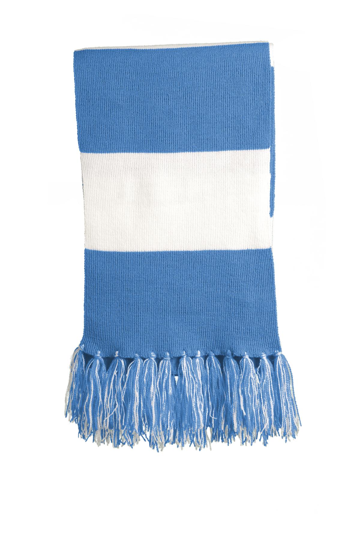Cheer on your favorite team in this fringed scarf. Coordinat - Carolina Blue/ White
