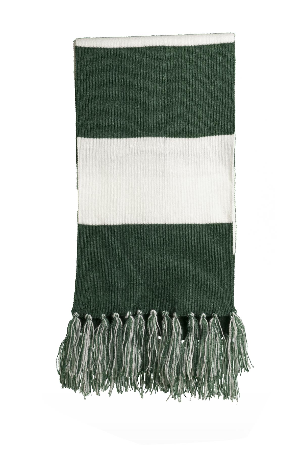 Cheer on your favorite team in this fringed scarf. Coordinat - Forest Green/ White