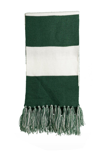 Cheer on your favorite team in this fringed scarf. Coordinat - Forest Green/ White