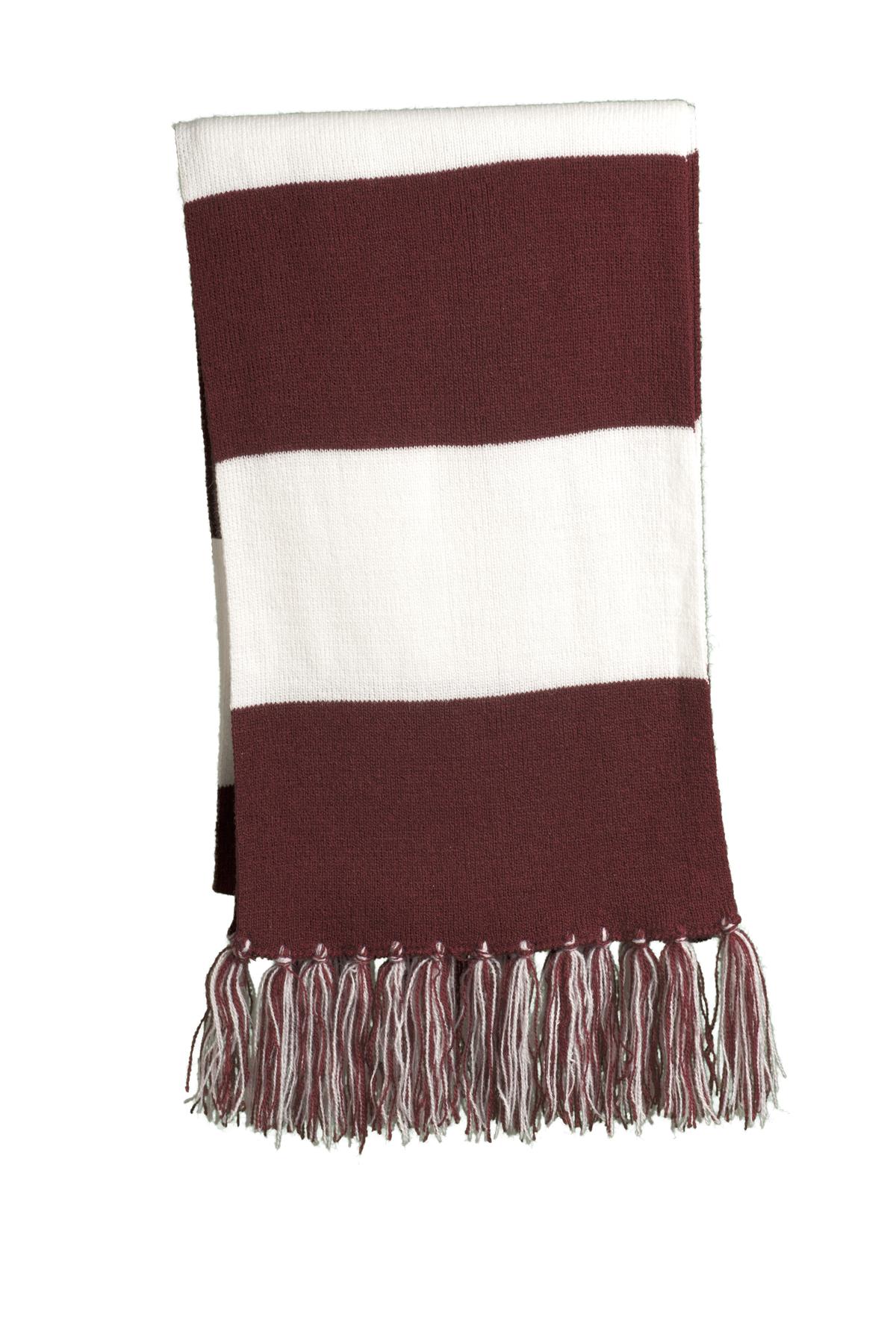 Cheer on your favorite team in this fringed scarf. Coordinat - Maroon/ White