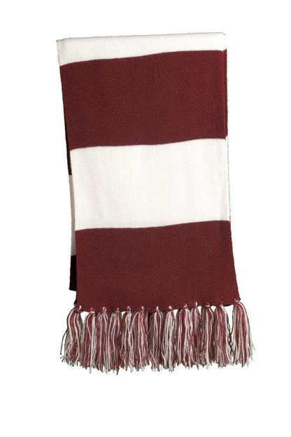 Cheer on your favorite team in this fringed scarf. Coordinat - Maroon/ White