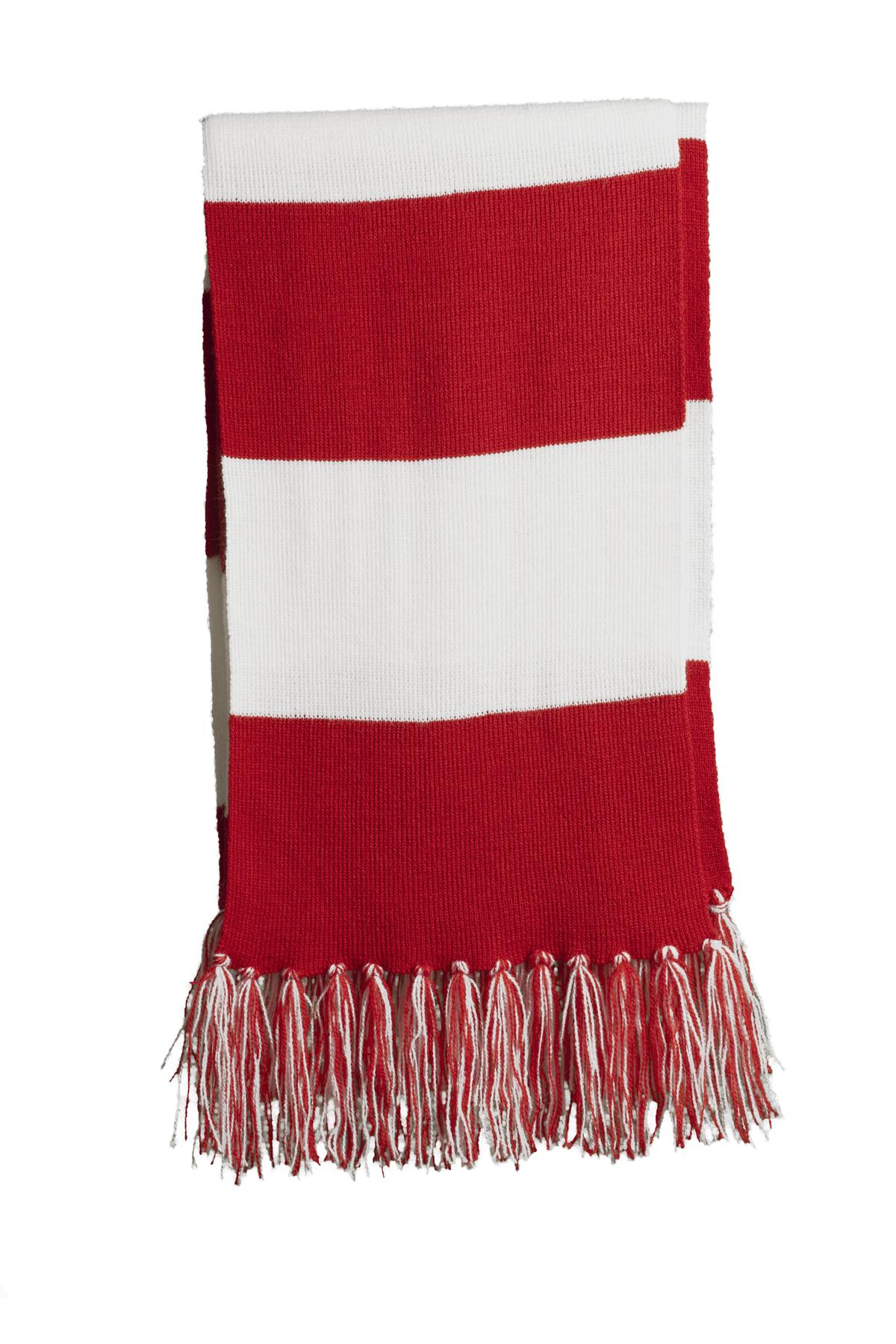 Cheer on your favorite team in this fringed scarf. Coordinat - True Red/ White