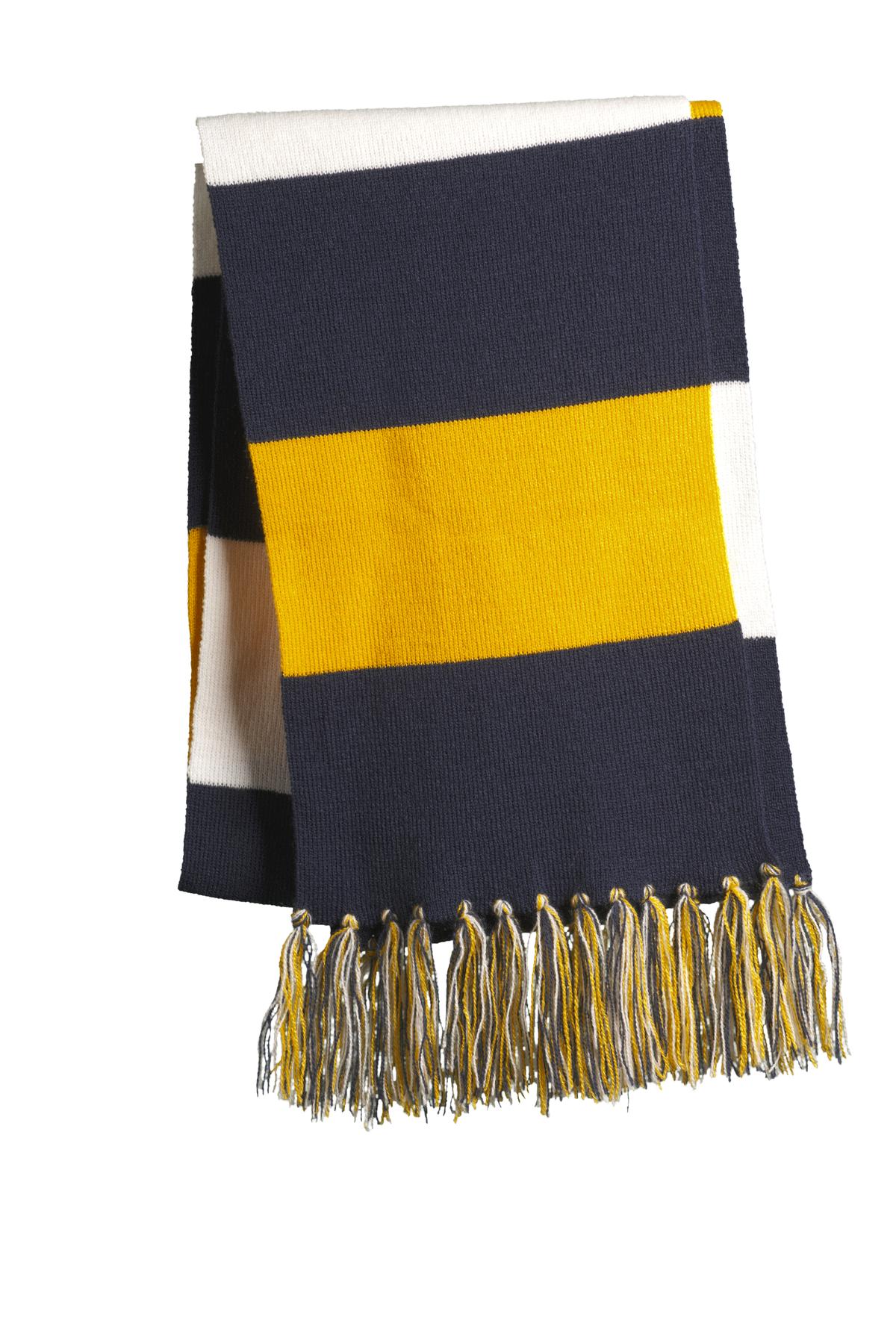 Cheer on your favorite team in this fringed scarf. Coordinat - True Navy/ Gold/ White