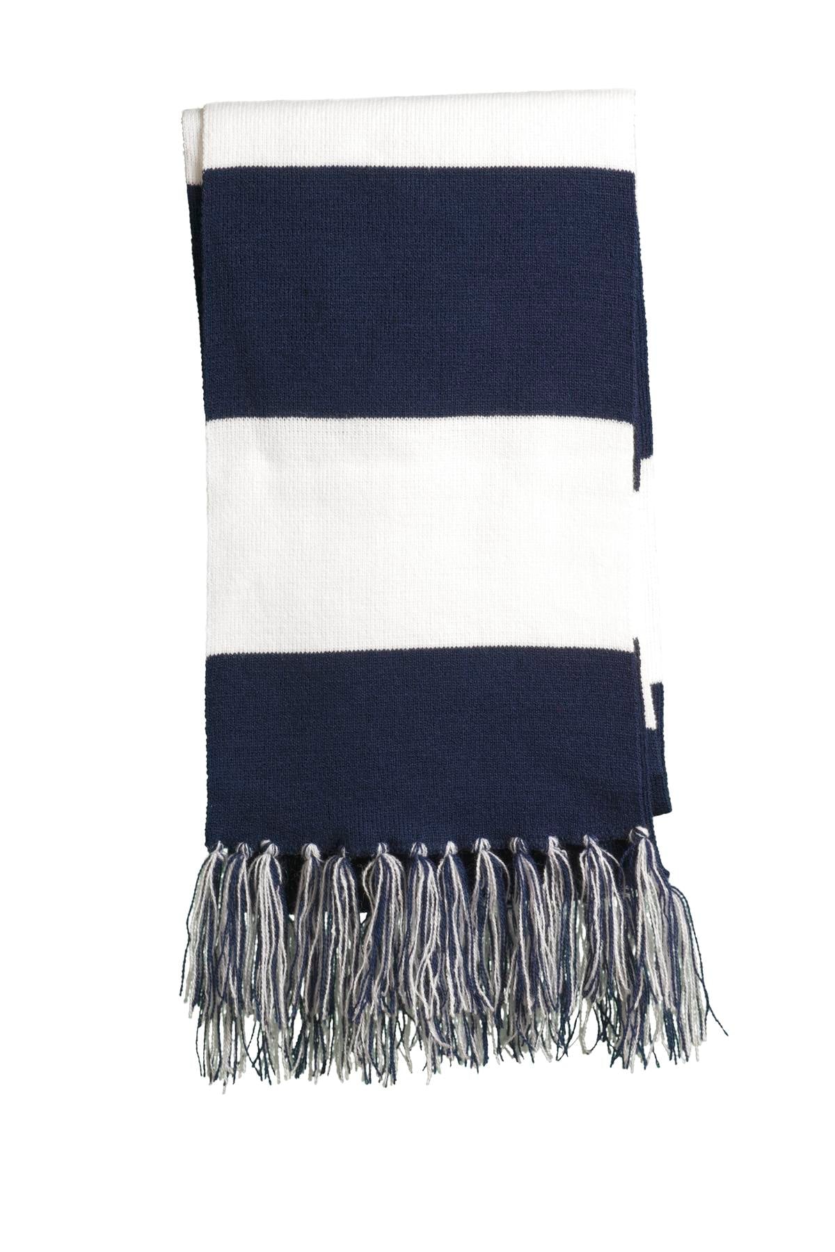 Cheer on your favorite team in this fringed scarf. Coordinat - True Navy/ White