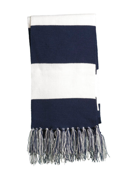 Cheer on your favorite team in this fringed scarf. Coordinat - True Navy/ White