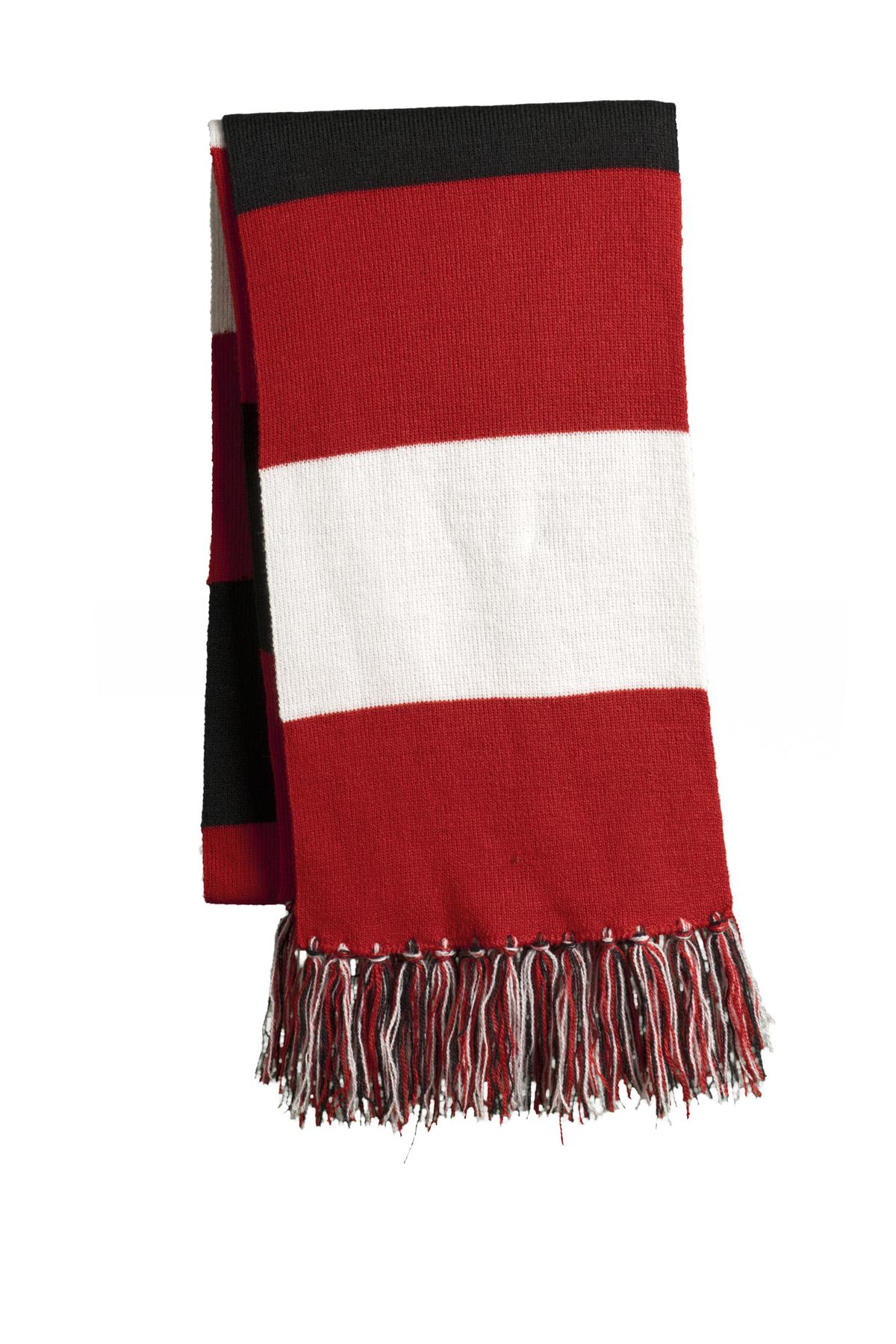 Cheer on your favorite team in this fringed scarf. Coordinat - True Red/ White/ Black