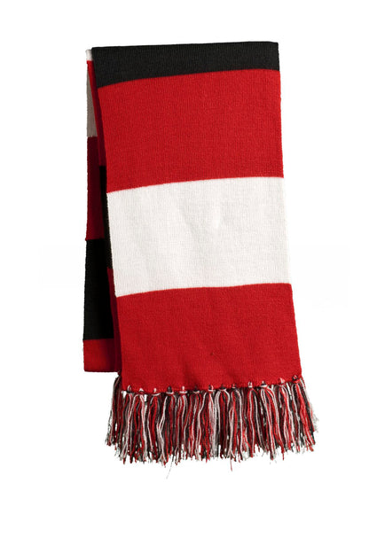 Cheer on your favorite team in this fringed scarf. Coordinat - True Red/ White/ Black