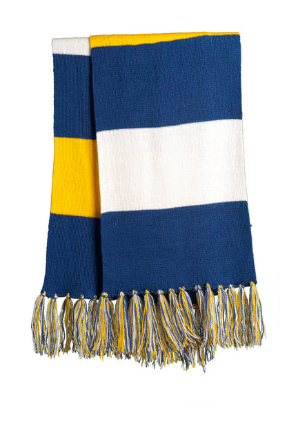Cheer on your favorite team in this fringed scarf. Coordinat - True Royal/ Gold/ White