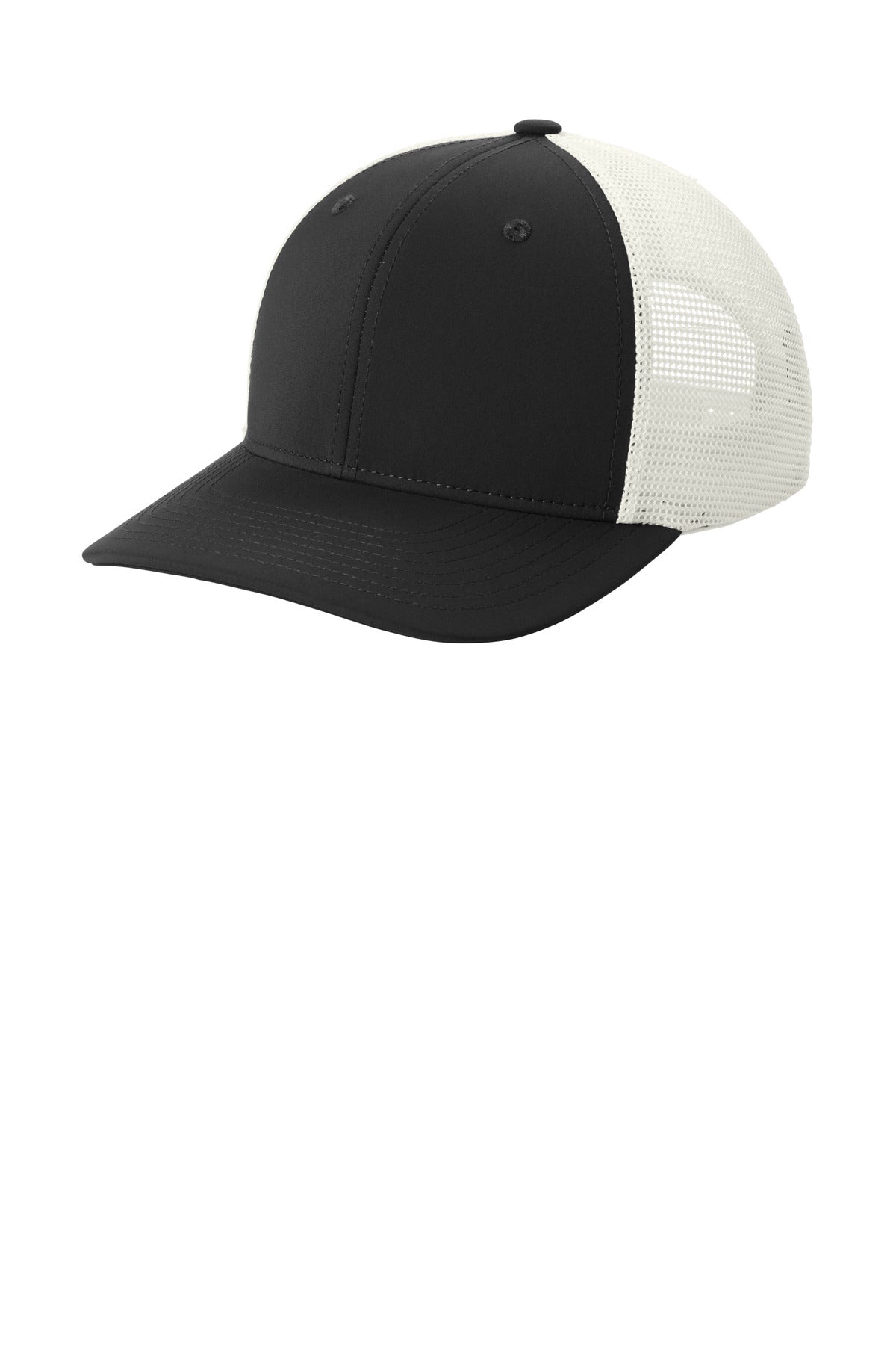 96/4 poly/spandex front panels 100% poly mesh back panels Structured Mid-profile Curved bill Dyed-to