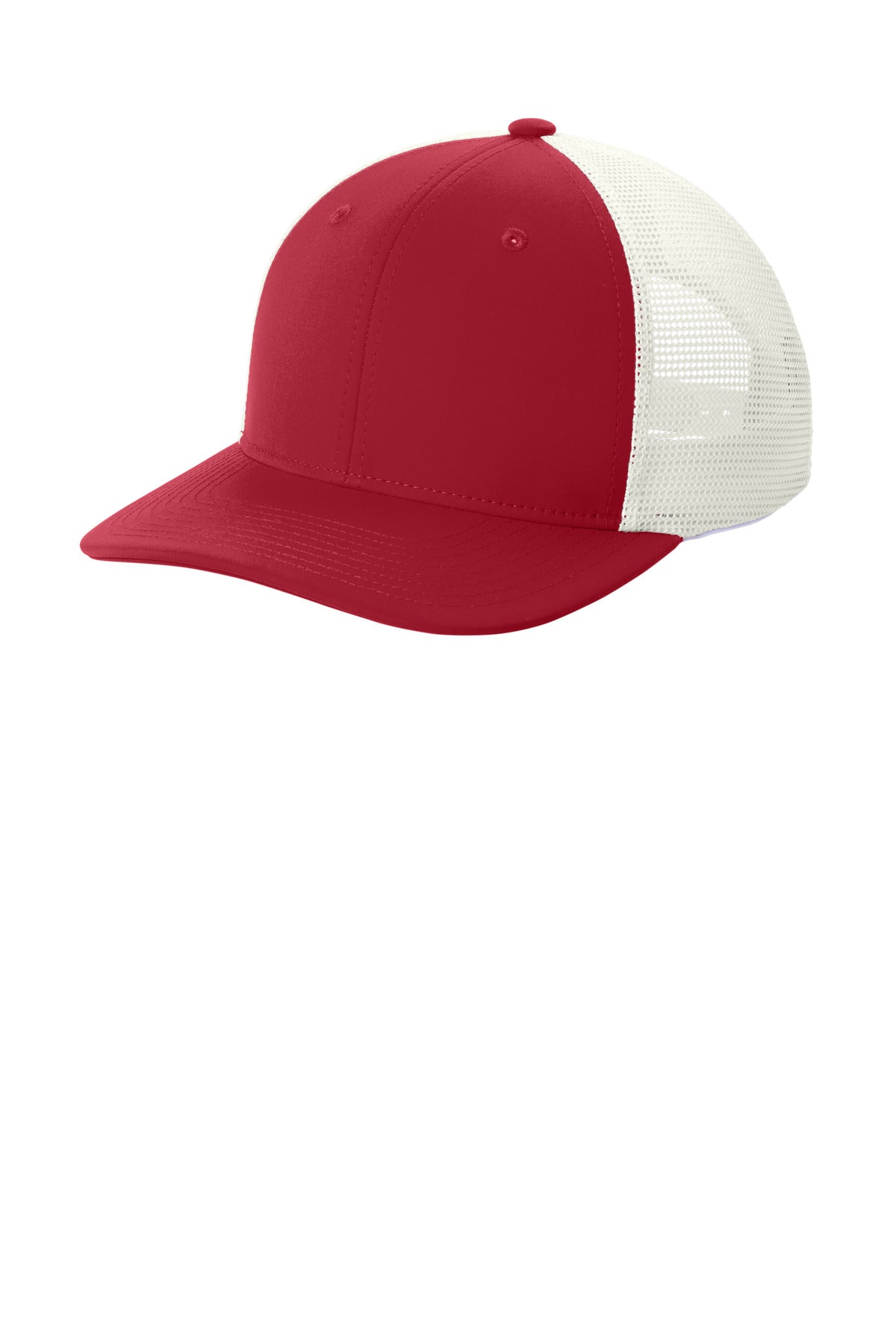 96/4 poly/spandex front panels 100% poly mesh back panels Structured Mid-profile Curved bill Dyed-to