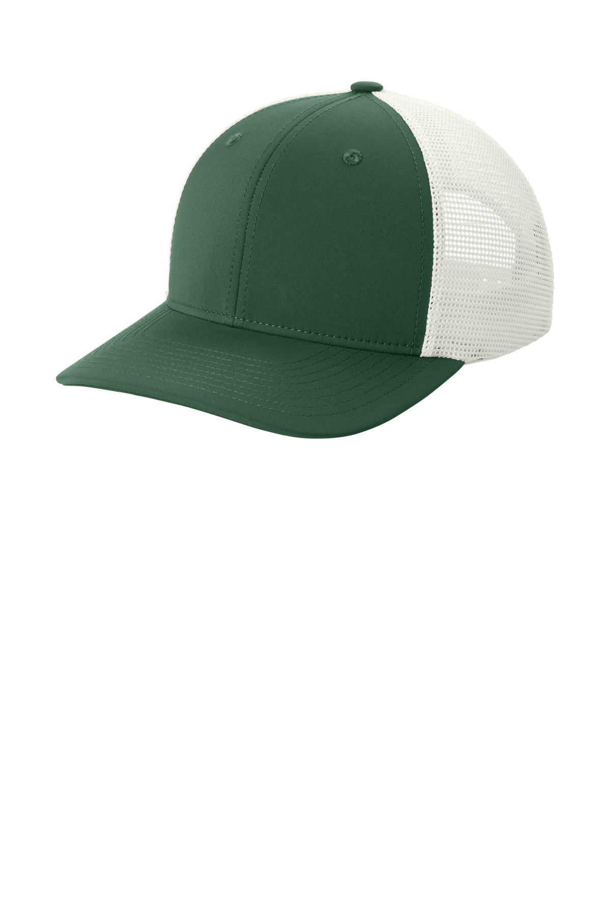 96/4 poly/spandex front panels 100% poly mesh back panels Structured Mid-profile Curved bill Dyed-to