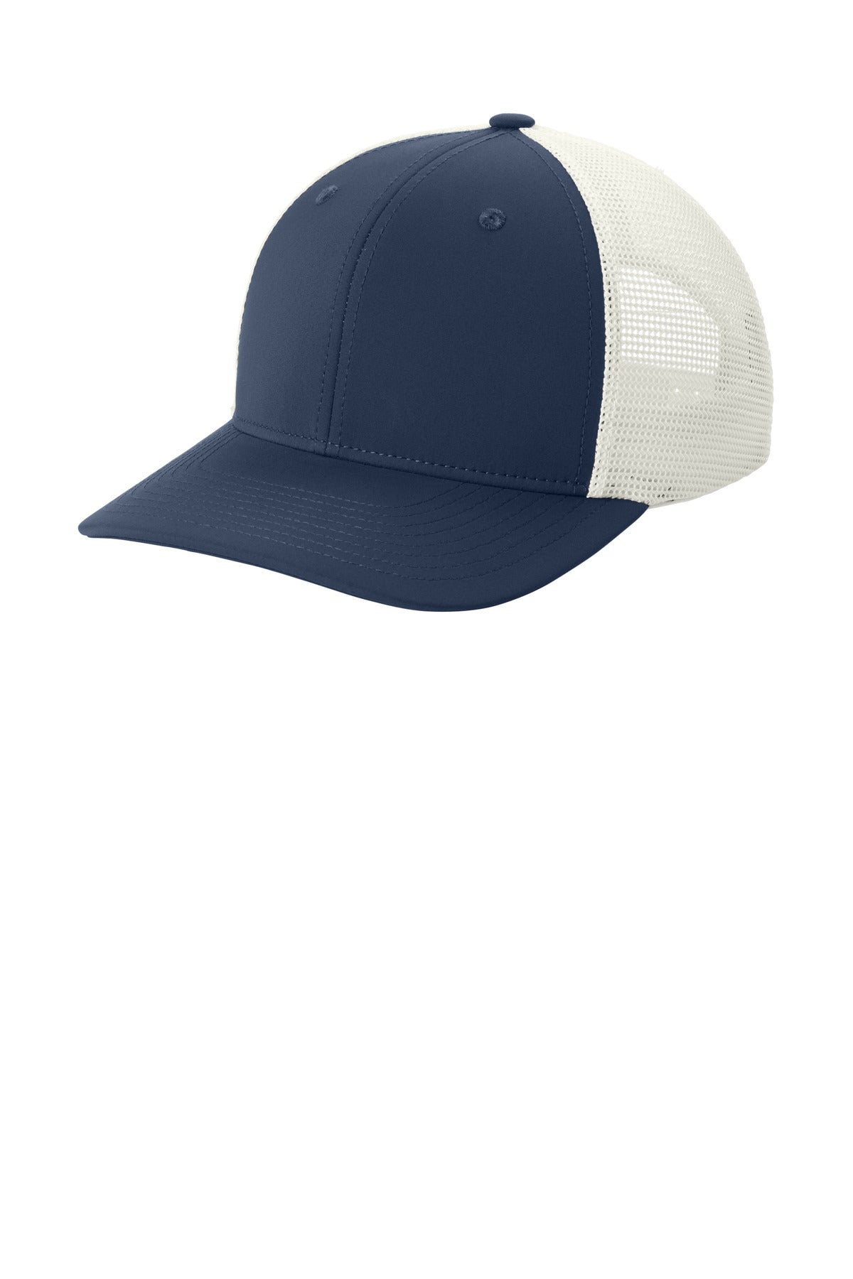 96/4 poly/spandex front panels 100% poly mesh back panels Structured Mid-profile Curved bill Dyed-to