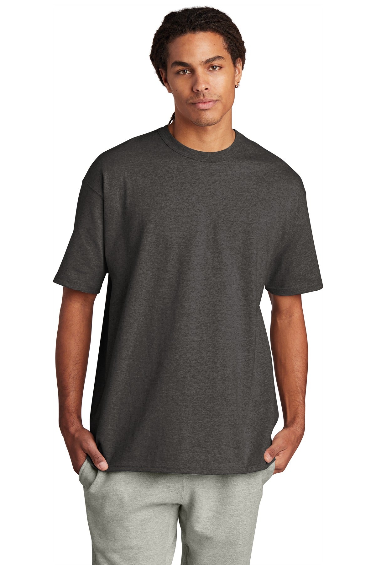 7-ounce 100% cotton 99/1 cotton/poly (Ash) 60/40 cotton/poly - Charcoal Heather